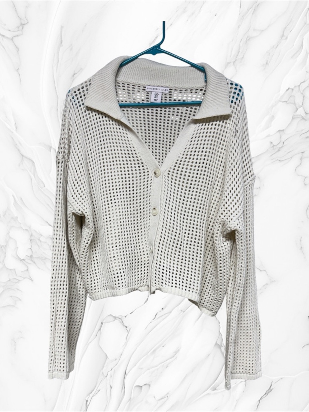 Sincerely Jules Open Knit crop Cardigan Cream button front size XL